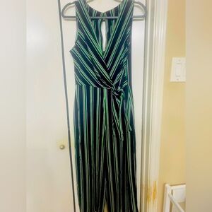 Sexy Premier Amour Sz 12 Woman Sleeveless Jumpsuit Front Tie Black Green Stripe